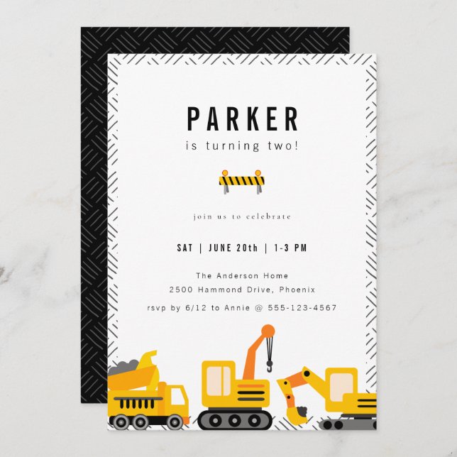Construction Trucks Theme Birthday Invitation (Front/Back)