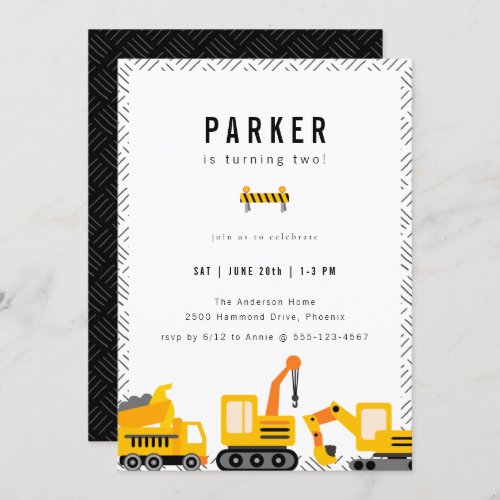 Construction Trucks Theme Birthday Invitation