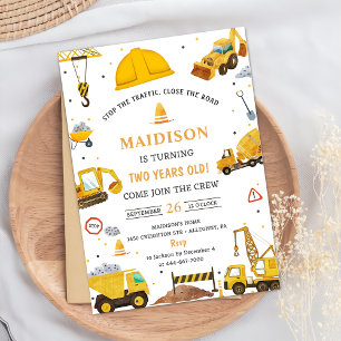 Construction Trucks Theme Birthday Party Invitation