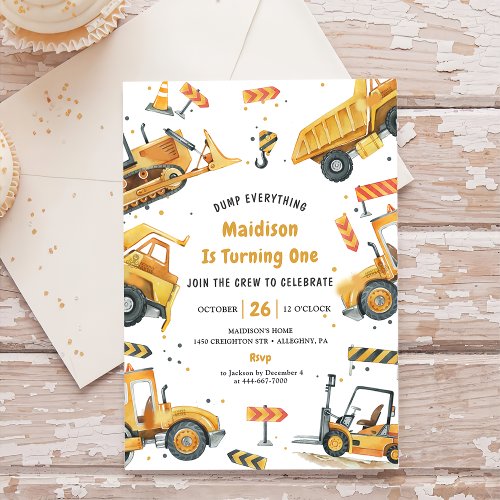 Construction Trucks Theme Birthday Party Invitation