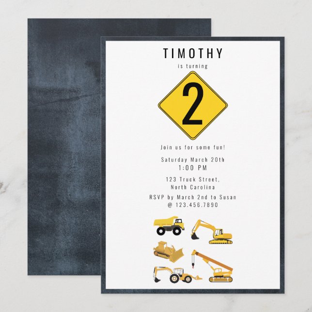 Construction Trucks Theme Birthday Party Invitation (Front/Back)