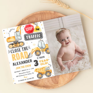 Construction Trucks Theme Birthday Party Photo Invitation