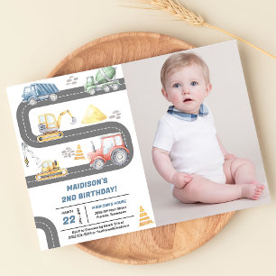 Construction Trucks Theme Birthday Party Photo Invitation