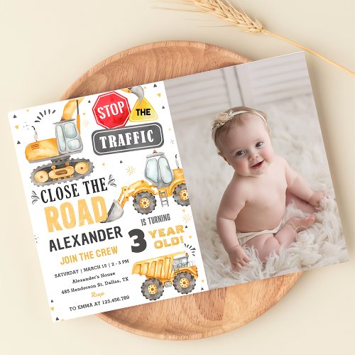 Construction Trucks Theme Birthday Party Photo  Invitation