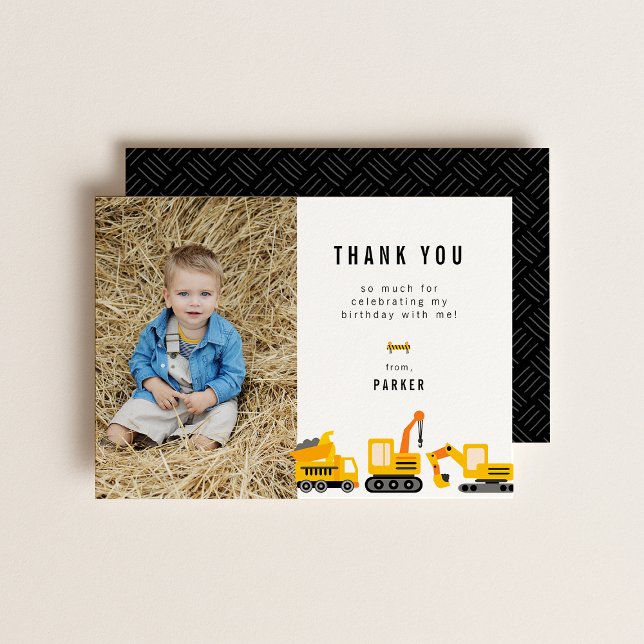 Construction Trucks Theme Birthday Photo Thank You Card (Creator Uploaded)