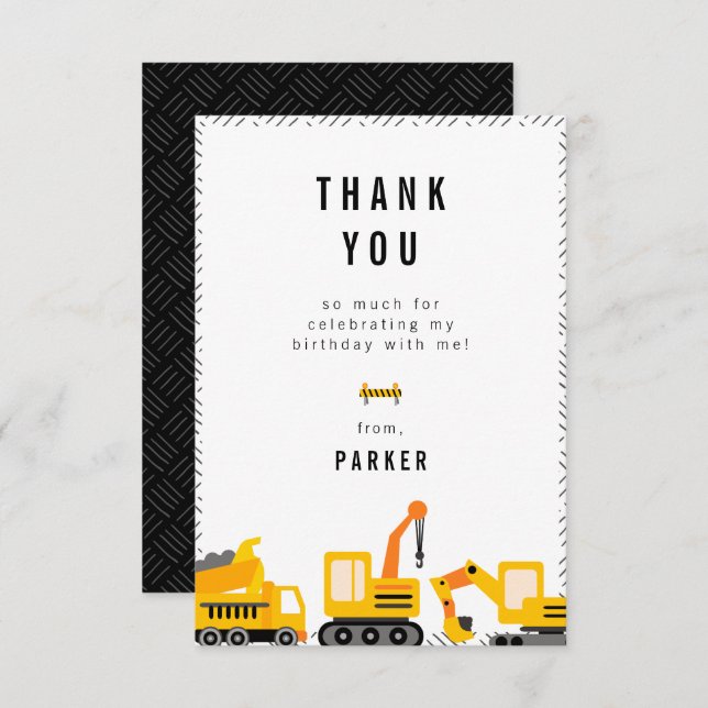 Construction Trucks Theme Birthday  Thank You Card (Front/Back)