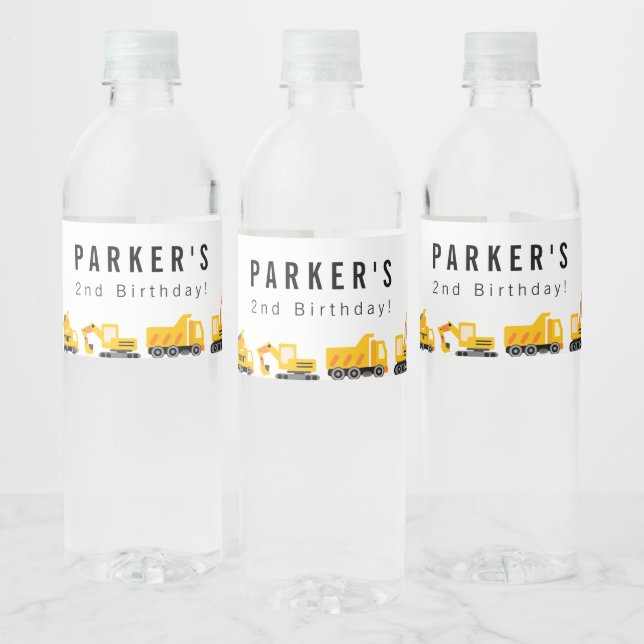 Construction Trucks Theme Birthday Water Bottle Label (Bottles)
