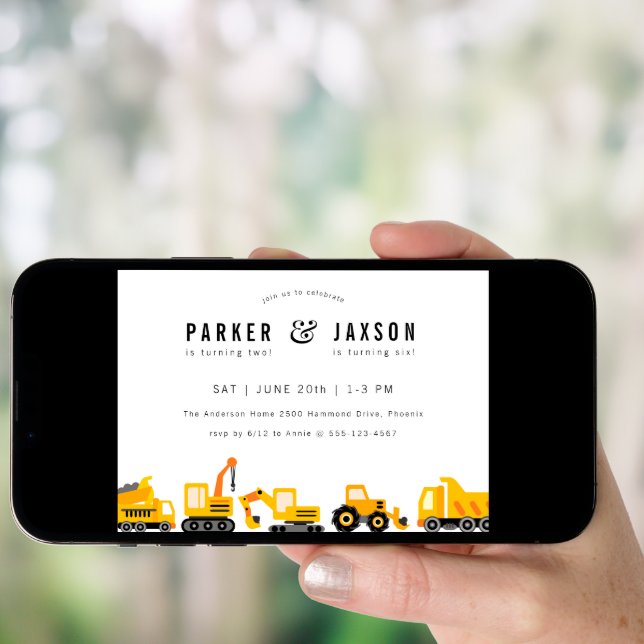 Construction Trucks Theme Joint Birthday Invitation (Front Digital)
