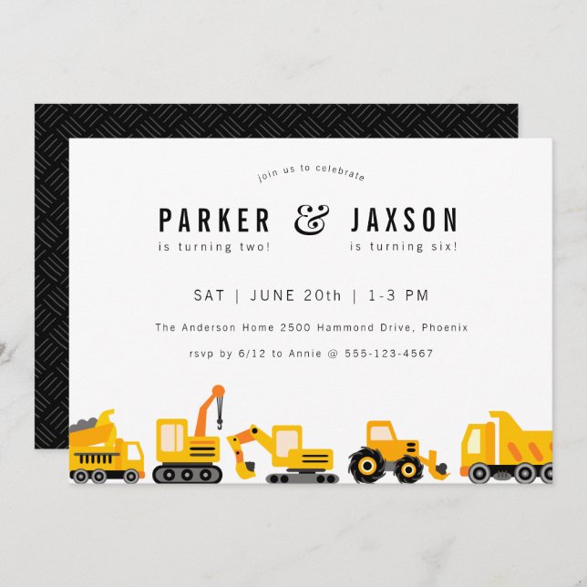 Construction Trucks Theme Joint Birthday Invitation (Front/Back)
