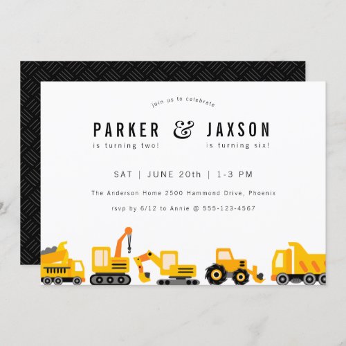 Construction Trucks Theme Joint Birthday Invitation