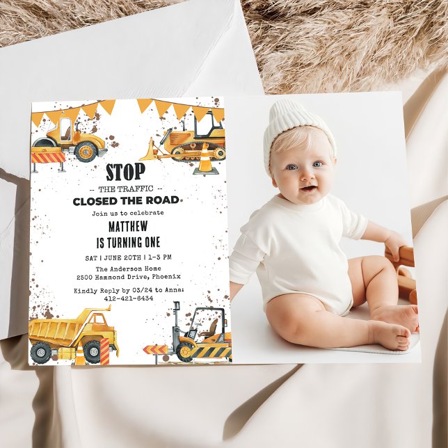 Construction Trucks Theme Joint Birthday Photo  Invitation (Creator Uploaded)