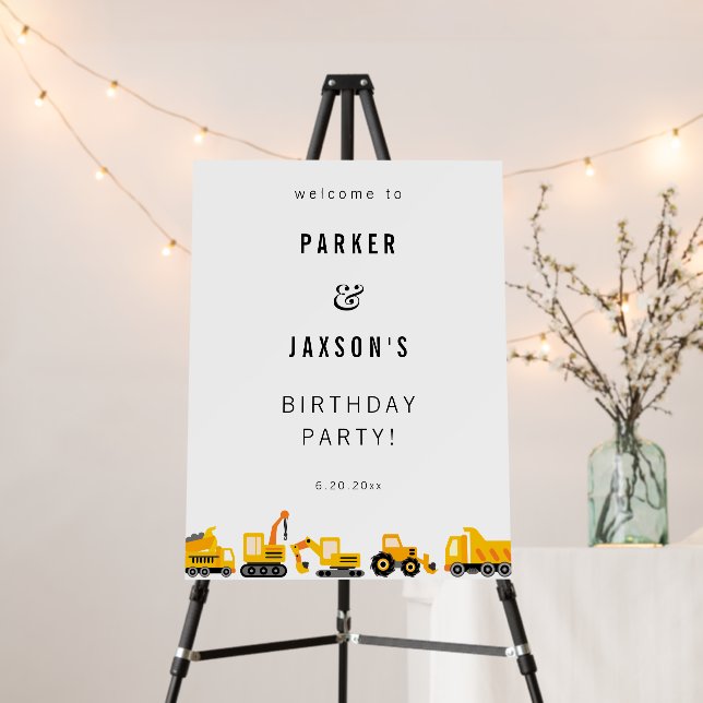 Construction Trucks Theme Joint Birthday Welcome Foam Board (In Situ (Stand))