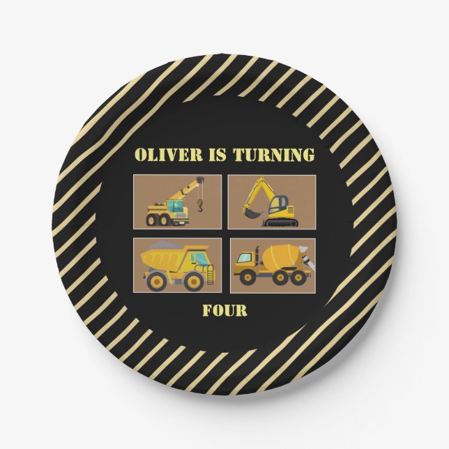 Construction Trucks | Theme Kids Birthday Paper Plates (Front)