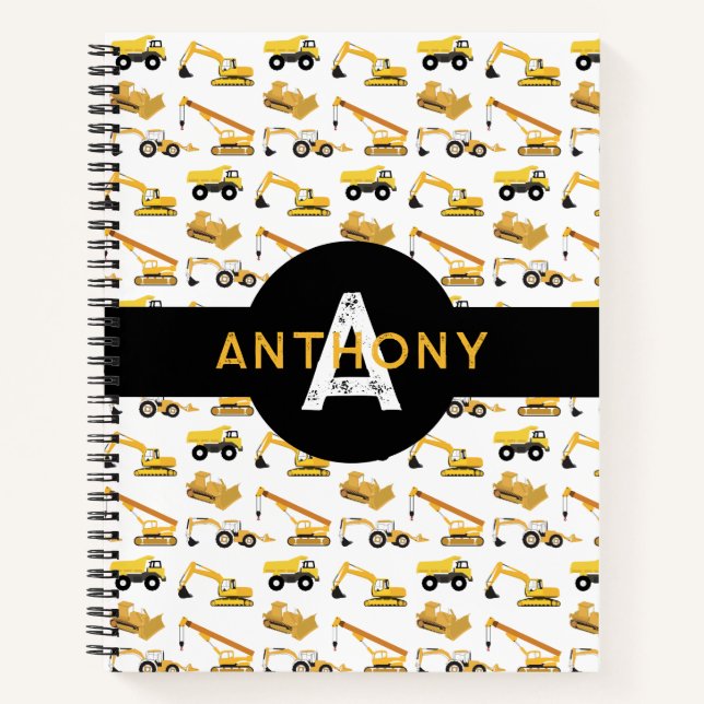 Construction Trucks Vehicles Kids Monogram Notebook (Front)