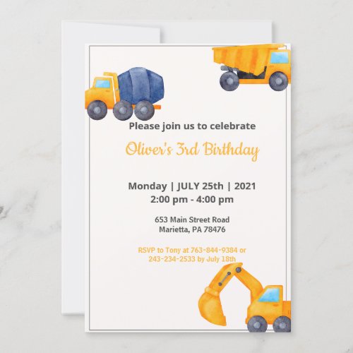 Construction Trucks  Year in Review Birthday Invitation