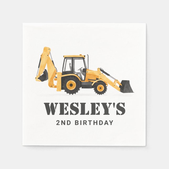 Construction Vehicle Backhoe Birthday Party Napkins (Front)