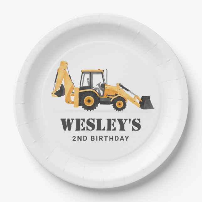 Construction Vehicle Backhoe Birthday Party Paper Plates (Front)