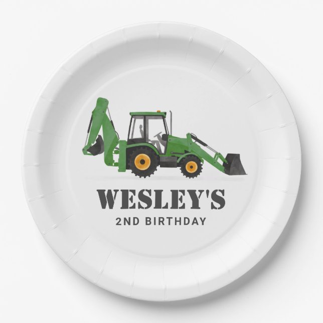 Construction Vehicle Backhoe Birthday Party Paper Plates (Front)