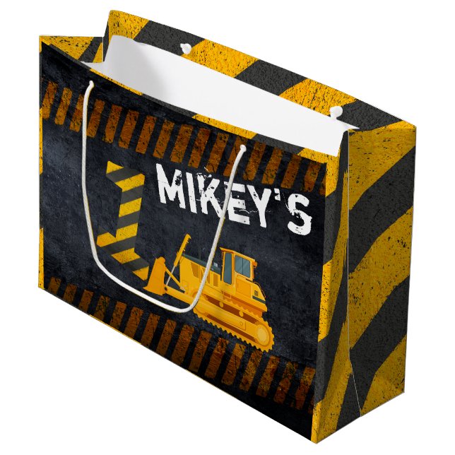 Construction Vehicle|Black & Yellow|1st Birthday Large Gift Bag (Front Angled)