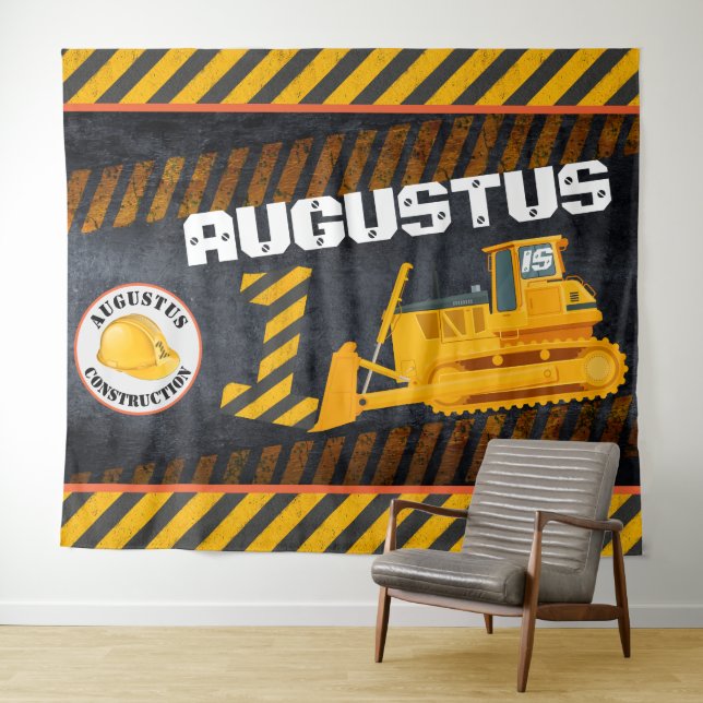 Construction Vehicle|Black & Yellow| 1st Birthday Tapestry (In Situ (Horizontal))