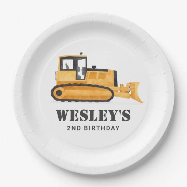 Construction Vehicle Bulldozer Birthday Party Paper Plates (Front)
