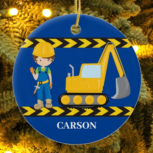 Construction Vehicle Cool Blue Boys Personalized Ceramic Ornament