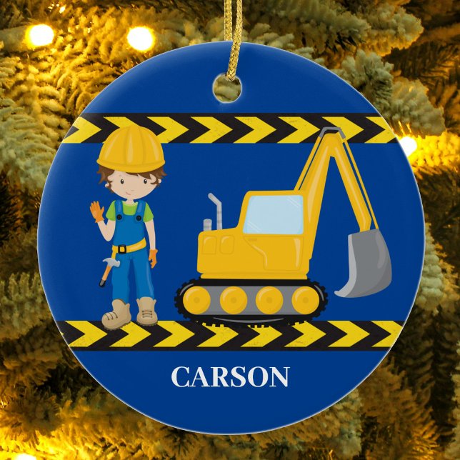 Construction Vehicle Cool Blue Boys Personalized Ceramic Ornament (Creator Uploaded)