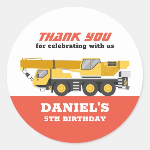 Construction Vehicle Crane Boys Birthday Party Classic Round Sticker