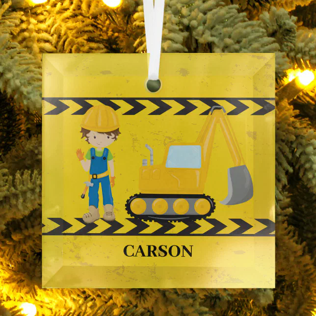 Construction Vehicle Custom Kids Personalized Boys Glass Ornament | Zazzle