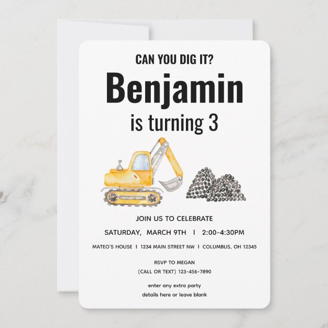 Construction Vehicle Digger Birthday Invitation (Front)