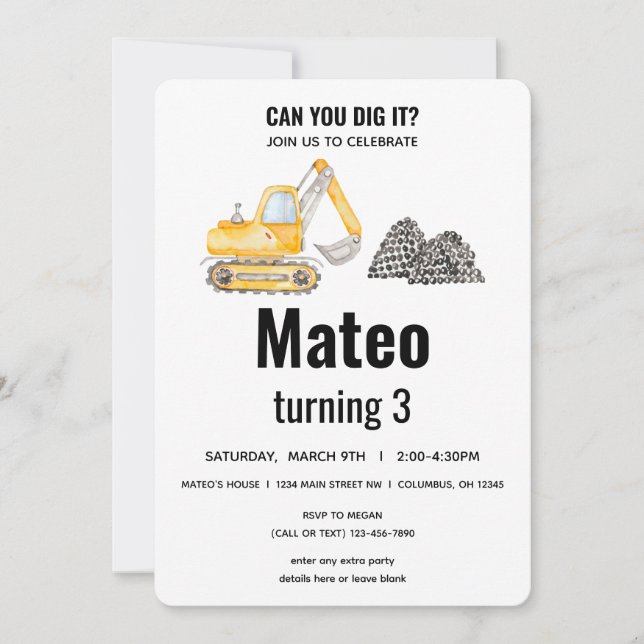 Construction Vehicle Digger Birthday Invitation (Front)