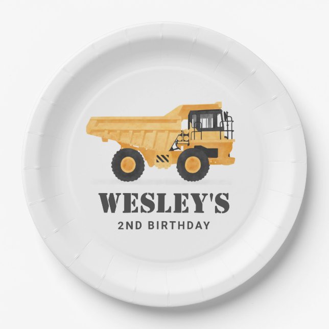 Construction Vehicle Dump Truck Birthday Party Paper Plates (Front)