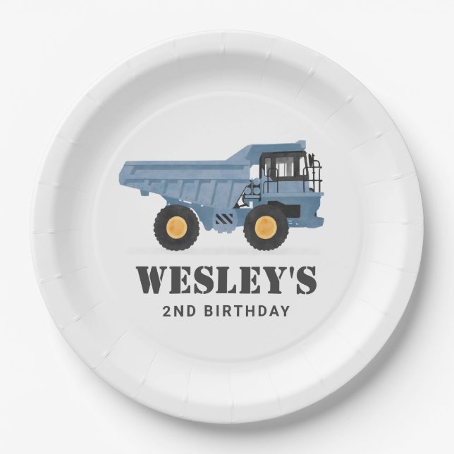 Construction Vehicle Dump Truck Birthday Party Paper Plates (Front)