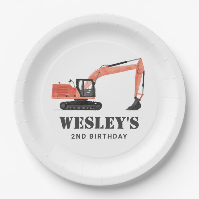 Construction Vehicle Excavator Birthday Party Paper Plates (Front)