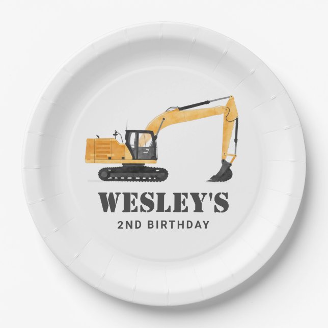 Construction Vehicle Excavator Birthday Party Paper Plates (Front)