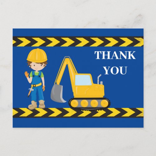 Construction Vehicle Excavator Boys Blue Thank You Postcard