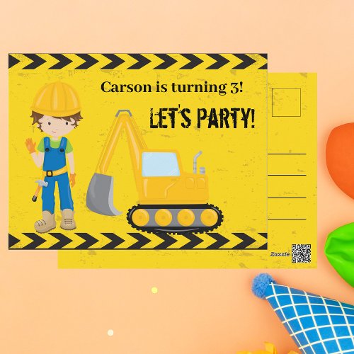 Construction Vehicle Kids Custom Birthday Party Postcard