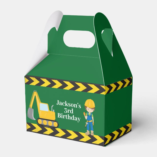 Construction Vehicle Kids Green Birthday Party Favor Boxes (Front Side)