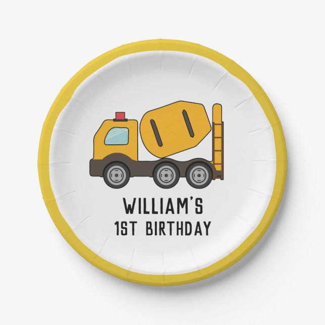 Construction Vehicle Mixer Truck Birthday Paper Plates (Front)
