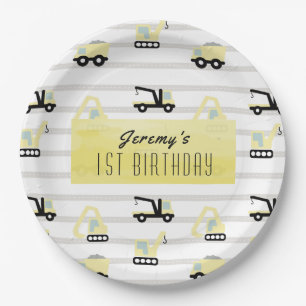 Construction Vehicle Pattern White Birthday Paper Plates