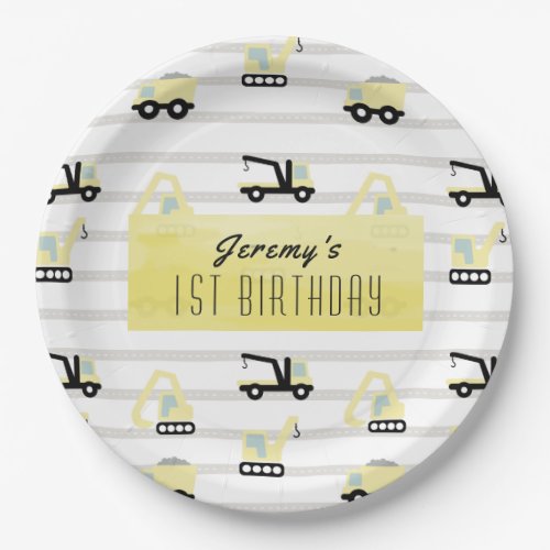 Construction Vehicle Pattern White Birthday Paper Plates