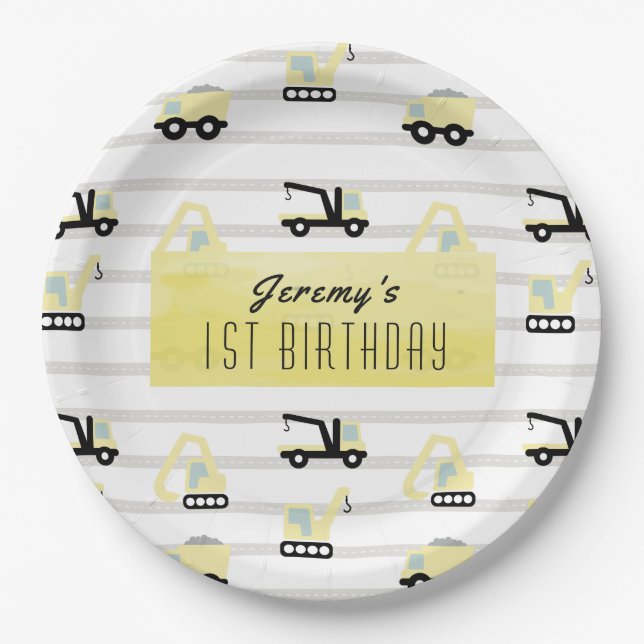 Construction Vehicle Pattern White Birthday Paper Plates (Front)