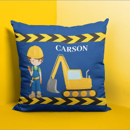 Construction Vehicle Personalized Blue Boys Room Throw Pillow