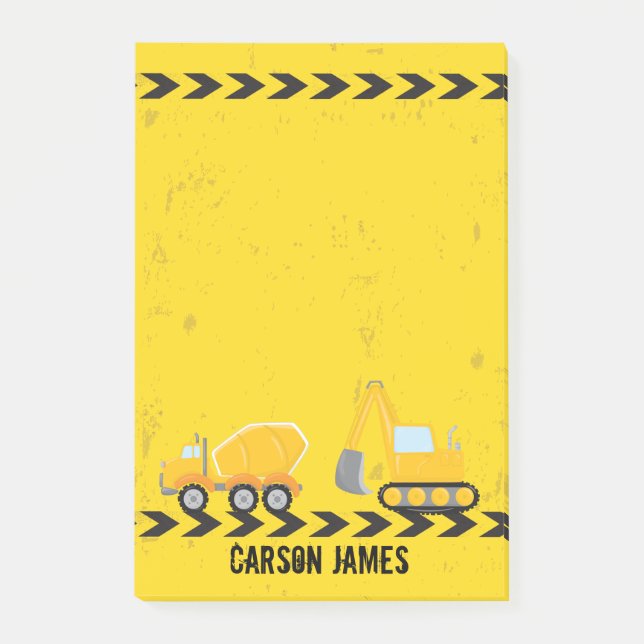 Construction Vehicle Personalized Kids Name Yellow Post-it Notes (Front)
