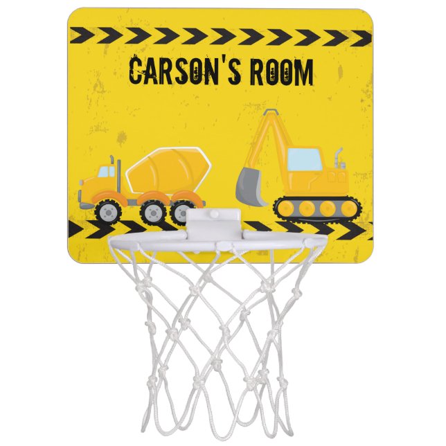 Construction Vehicle Personalized Yellow Kids Mini Basketball Hoop (Front)