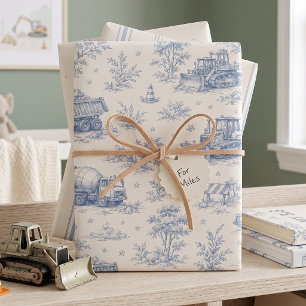Construction Vehicle Toile Blue Wrapping Paper