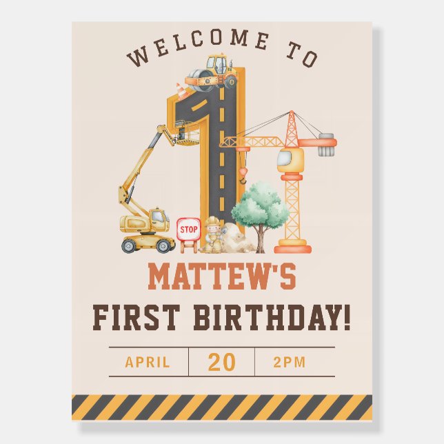 Construction Vehicles 1st Birthday Party Foam Board (Front)