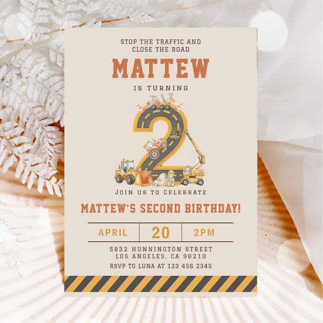 Construction Vehicles 2nd Birthday Invitation (Creator Uploaded)