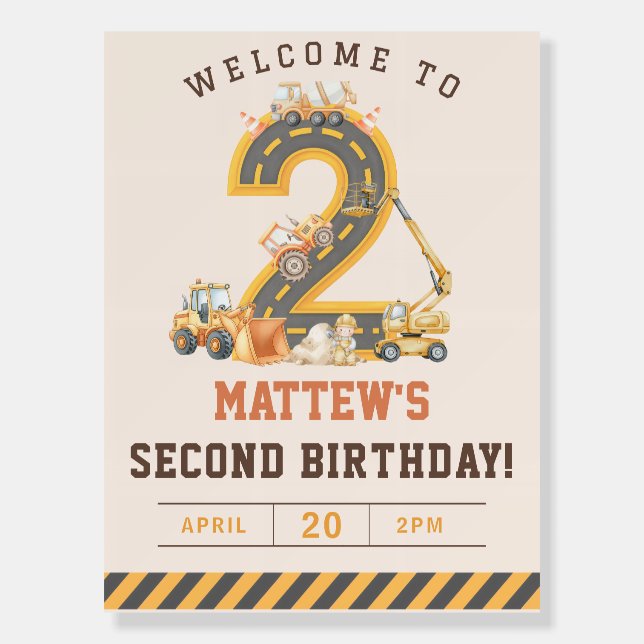 Construction Vehicles 2nd Birthday Party Foam Board (Front)