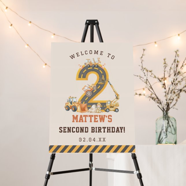 Construction Vehicles 2nd Birthday Party Foam Board (In Situ (Stand))